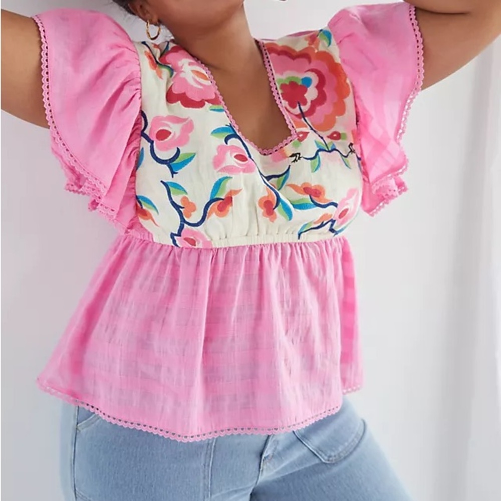 Anthropologie x Plenty by Tracy Reese Embroidered Babydoll Blouse